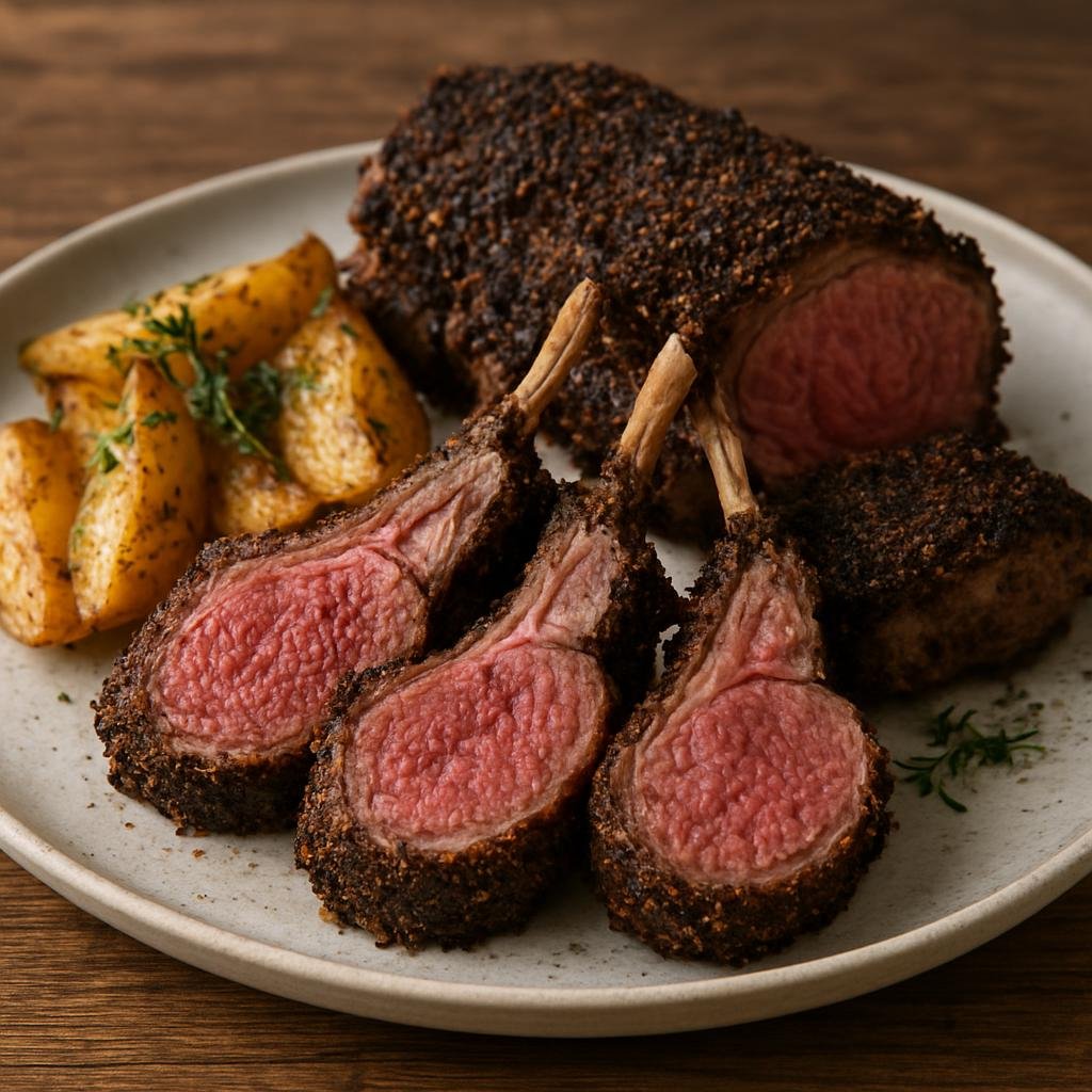 Entree: Australia – Australian Indigenous & Bush Foods – Wattleseed Crusted Lamb (Roast lamb rack encrusted with ground wattleseed for nutty, roasted coffee-chocolate flavor) recipe