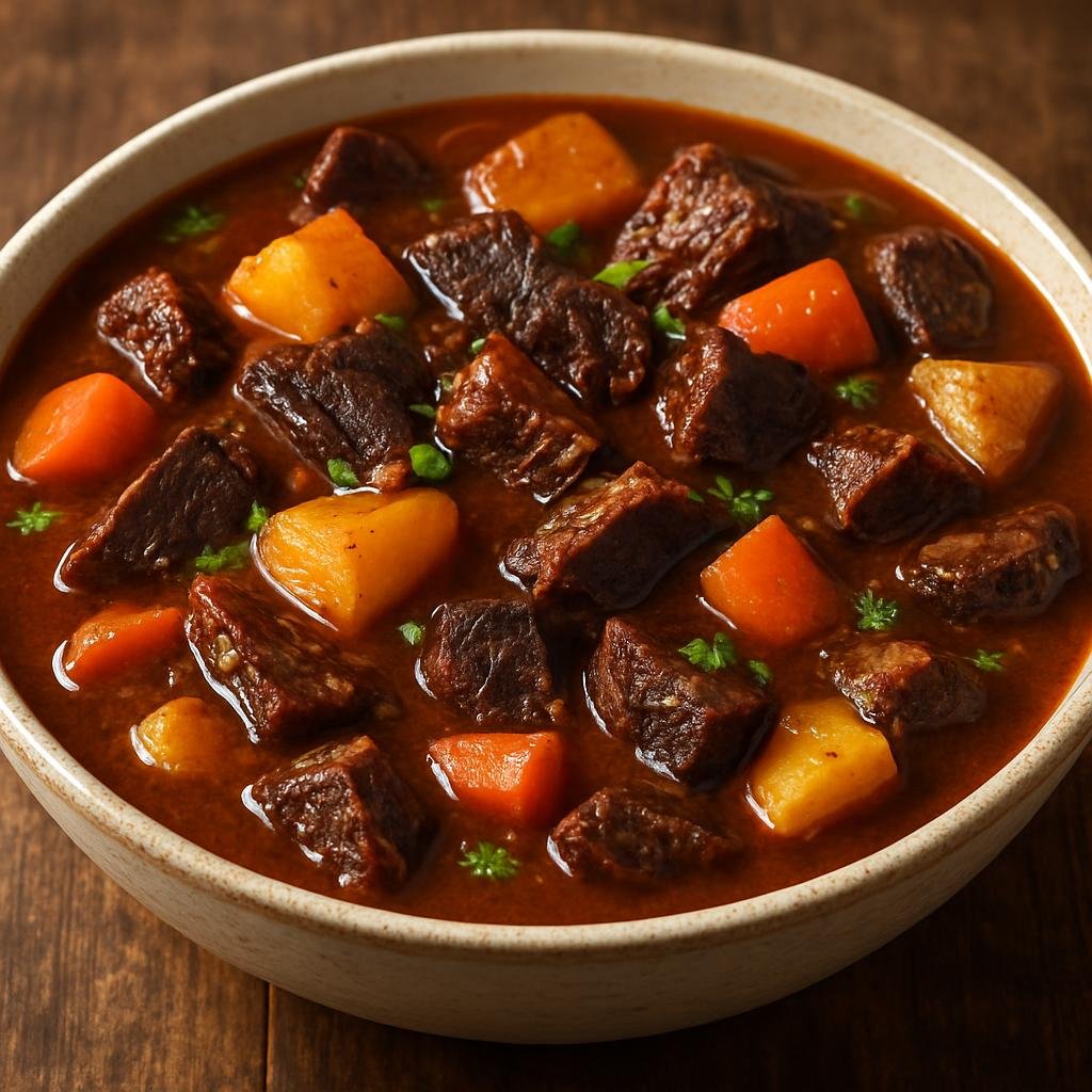 Entree: South Africa – Afrikaner / Boer – Biltong Stew (Slow-simmered South African stew of cured dried beef with root vegetables in a savory gravy) recipe