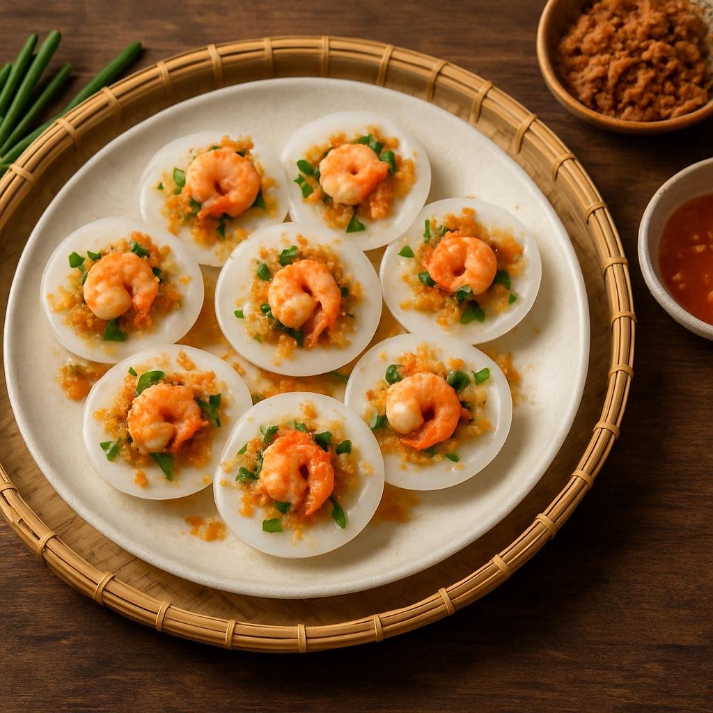 Entree: Vietnam – Central Vietnam – Bánh Bèo (Small steamed savory rice cakes topped with shrimp, scallion oil, and crispy pork, served with fish sauce) recipe