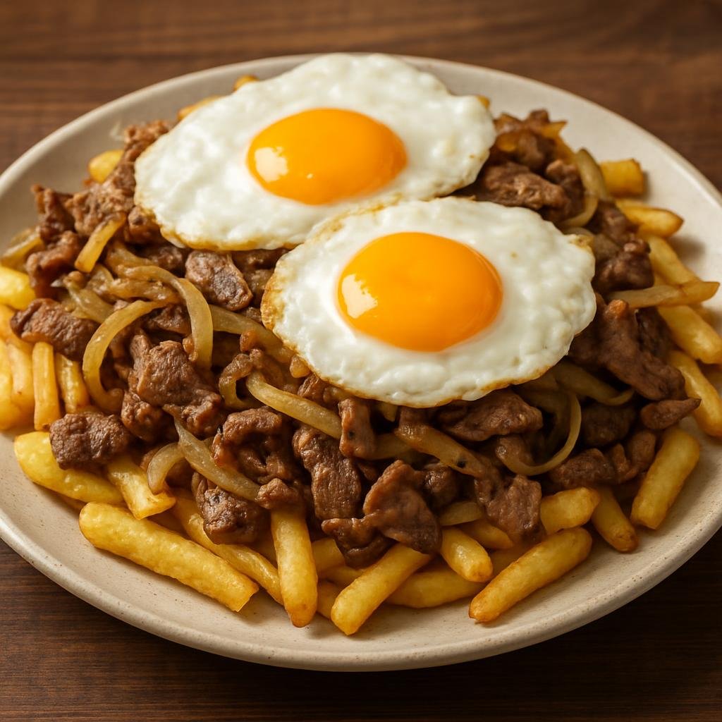 Entree: Chile – Central Chile – Chorrillana (Platter of French fries topped with thinly sliced beef, sautéed onions, and fried eggs) recipe