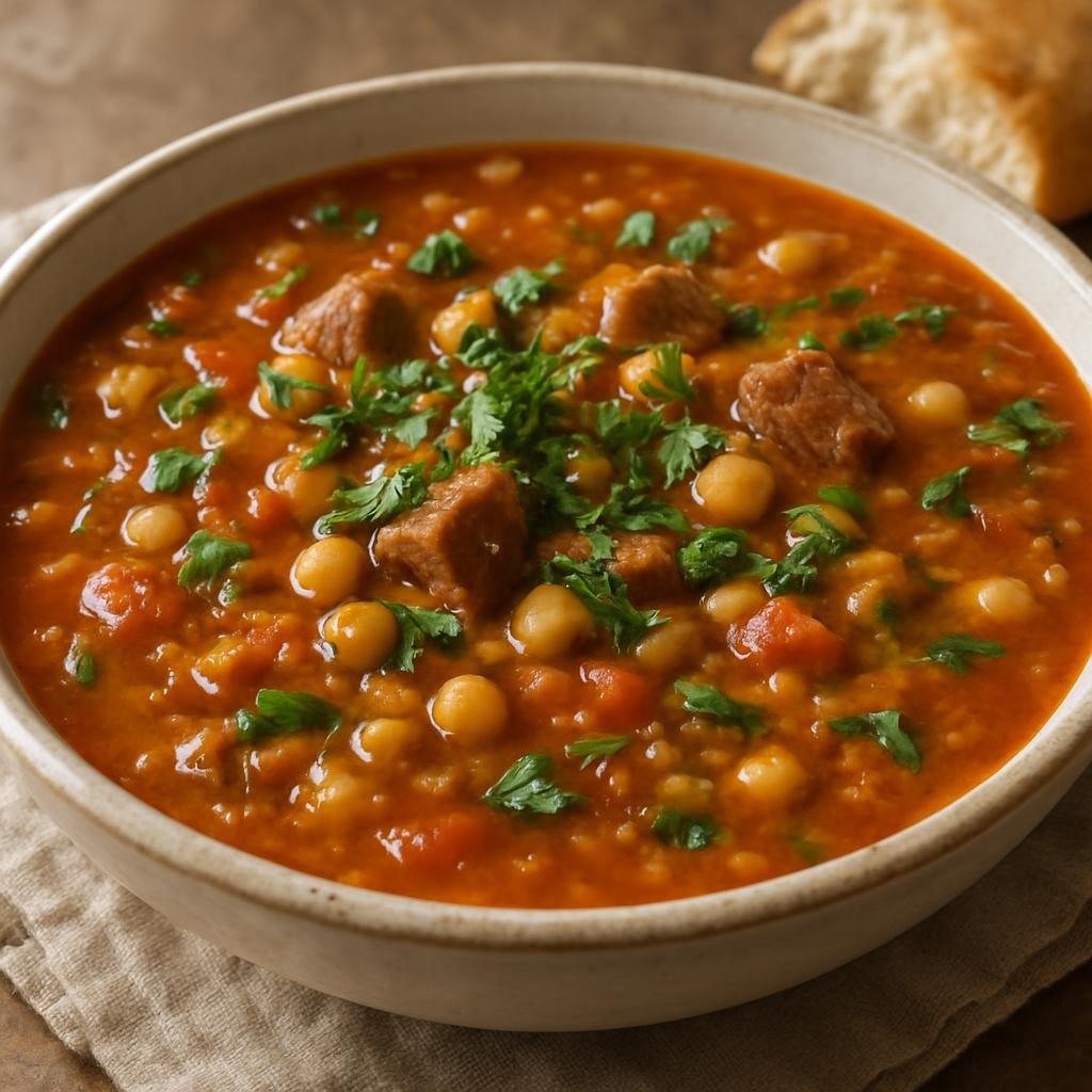Entree: Algeria – Algiers & North Coast – الحريرة ➤ Al-Ḥarīra (Hearty tomato, lentil, and chickpea soup-stew with meat and fresh herbs) recipe