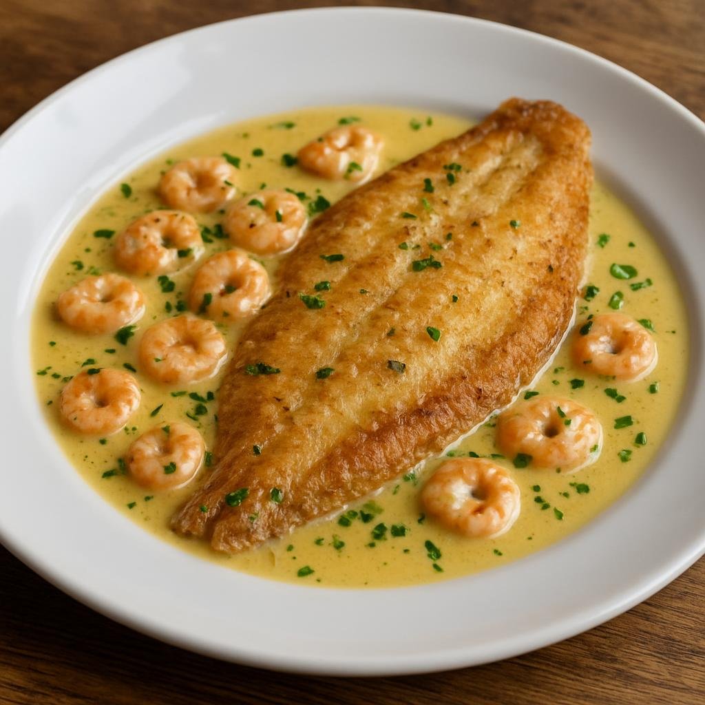 Entree: Belgium – Belgian Coast – Ostend Sole (Pan-fried sole served with a buttery white wine and shrimp-infused sauce typical of the Belgian coast) recipe