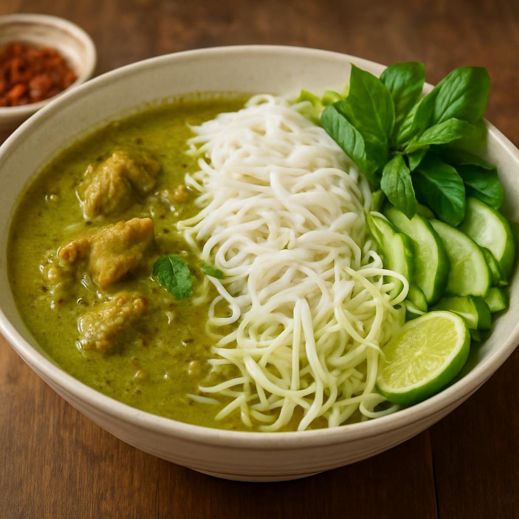 Entree: Cambodia – Central Culinary Region – នំបញ្ចុក ➤ nom banh chok (Khmer rice noodle dish of rice vermicelli served with a tangy fish-based green curry broth and fresh vegetables and herbs) recipe