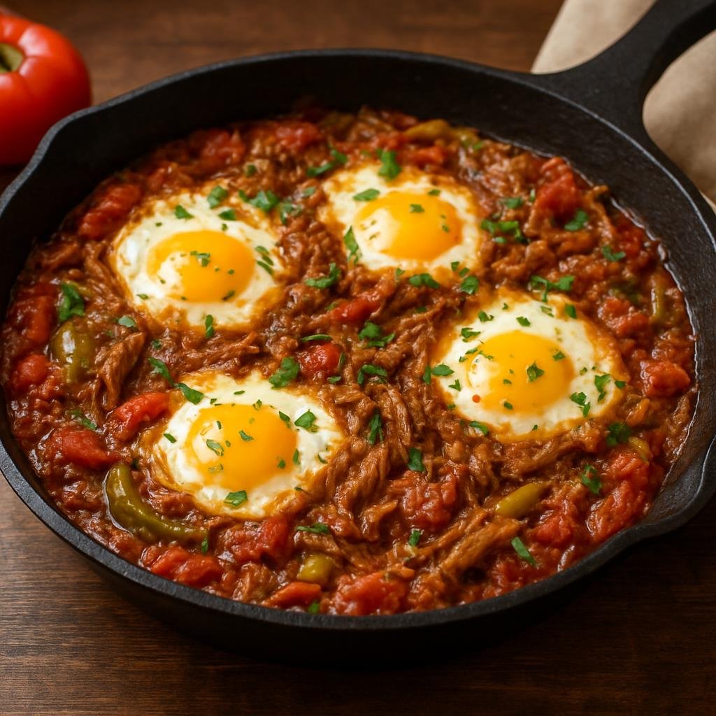 Entree: Iraq – Baghdad & Central Iraq – مخلّمة ➤ Makhlama (Skillet dish of eggs cooked with shredded lamb, tomatoes, peppers and warming spices) recipe