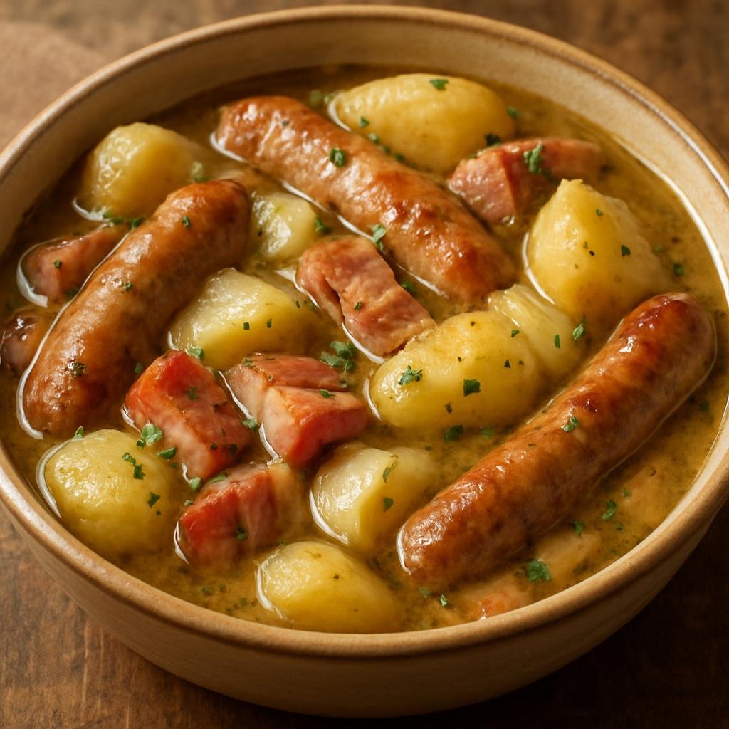 Entree: Ireland – Cork & Munster – Dublin Coddle (Slow-simmered stew of sausages, bacon, potatoes and onions in a savory broth) recipe