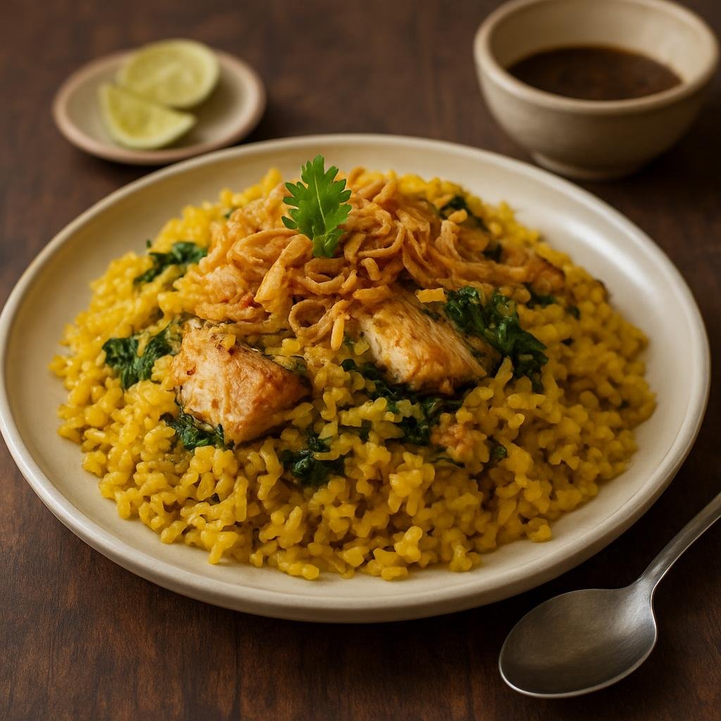 Entree: Myanmar – Bamar Central Myanmar – ငါးထမင်း ➤ nga htamin (Turmeric-scented Burmese rice cooked with fish and aromatics) recipe