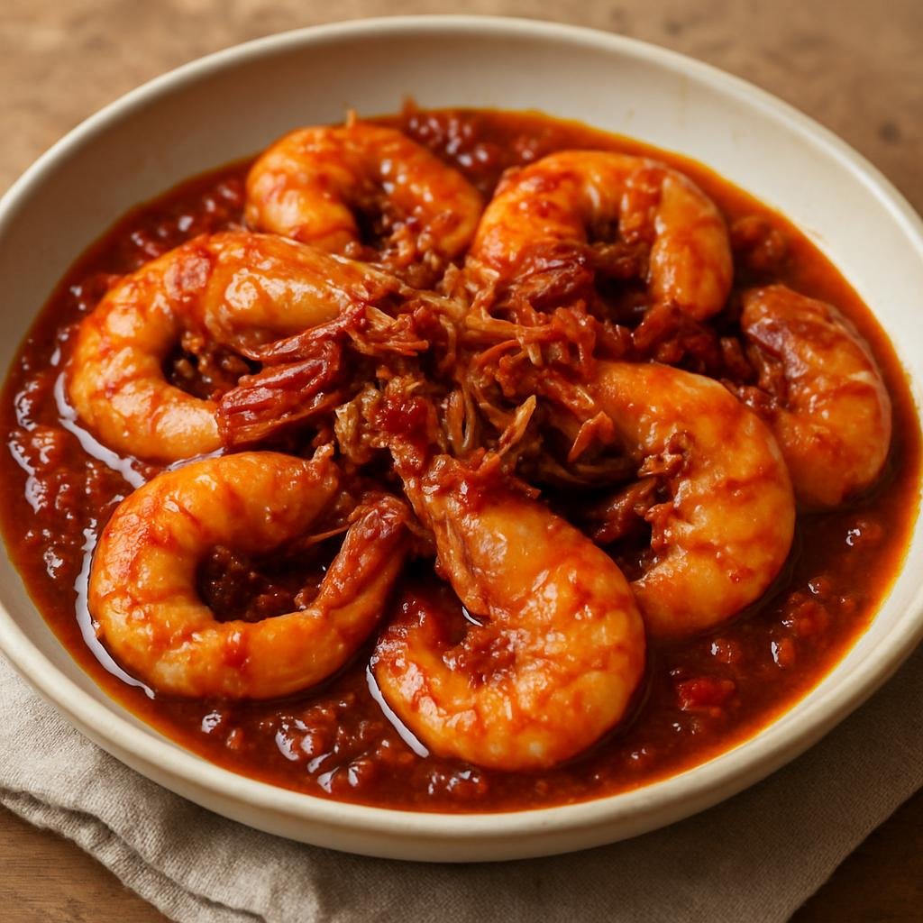 Entree: Netherlands – Dutch Indonesian Rijsttafel – Sambal Goreng Udang (Spicy Indonesian-style shrimp cooked in a chili sambal with aromatics and a slightly sweet-savory sauce) recipe