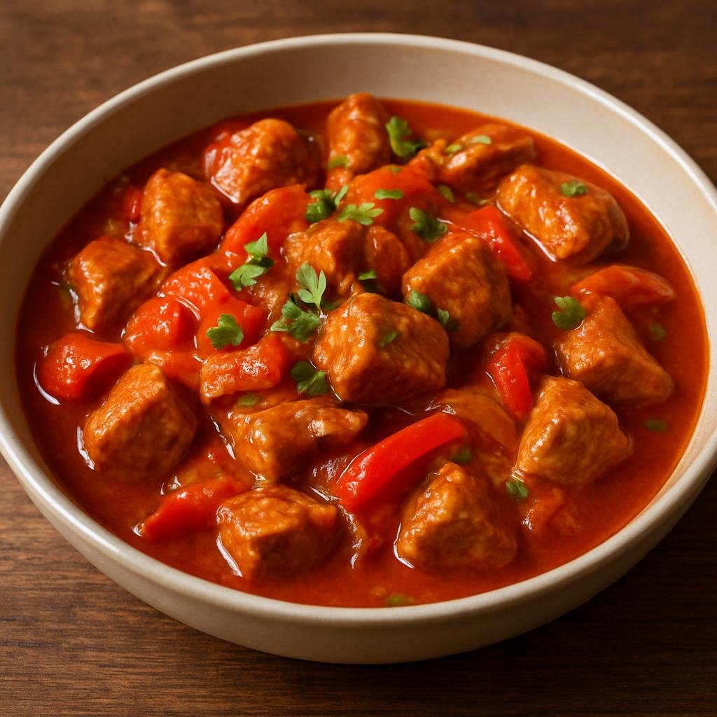 Entree: Romania – Banat – Gulaș de porc (Hearty Banat-style pork goulash stewed with onions, sweet paprika, and bell peppers) recipe