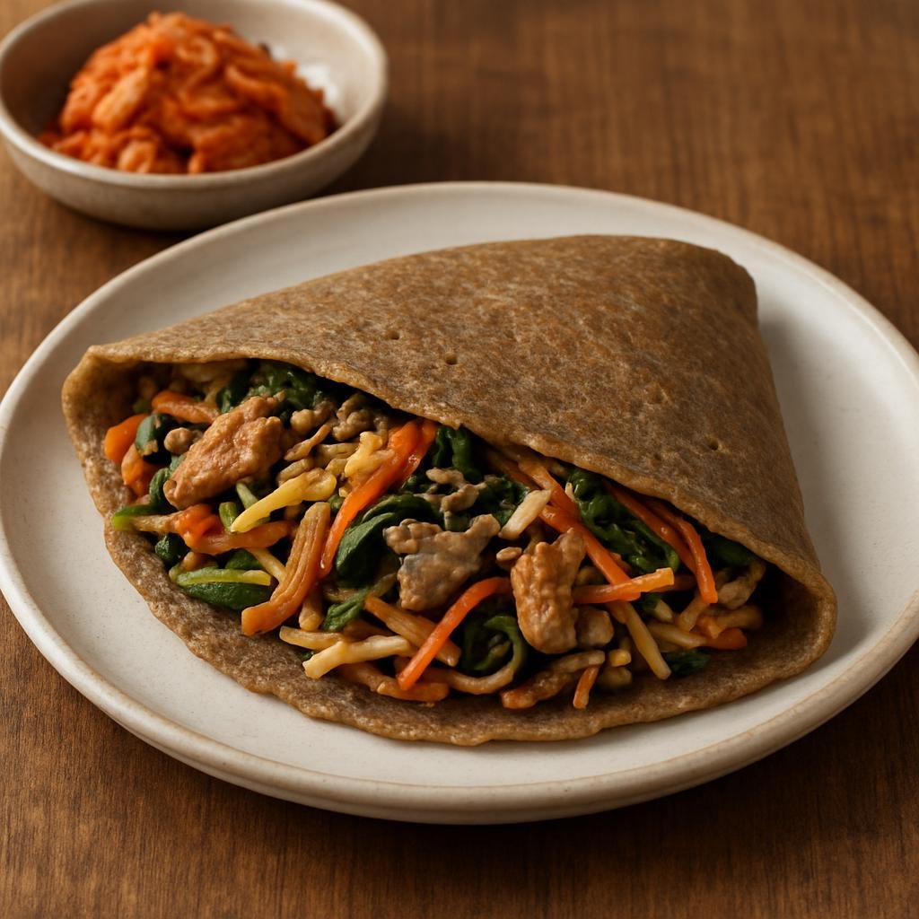 Entree: South Korea – Gangwon – 메밀전병 ➤ Memil jeonbyeong (Buckwheat crepe filled with seasoned vegetables and pork, a savory Gangwon specialty) recipe