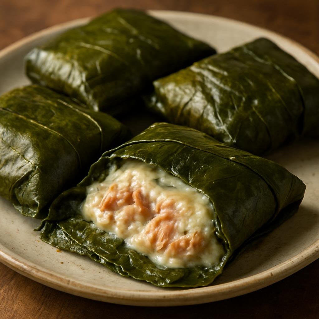 Entree: American Samoa – Central Culinary Region – Faiai Eleni (Baked taro-leaf parcels of coconut cream with tuna, wrapped in banana leaf) recipe
