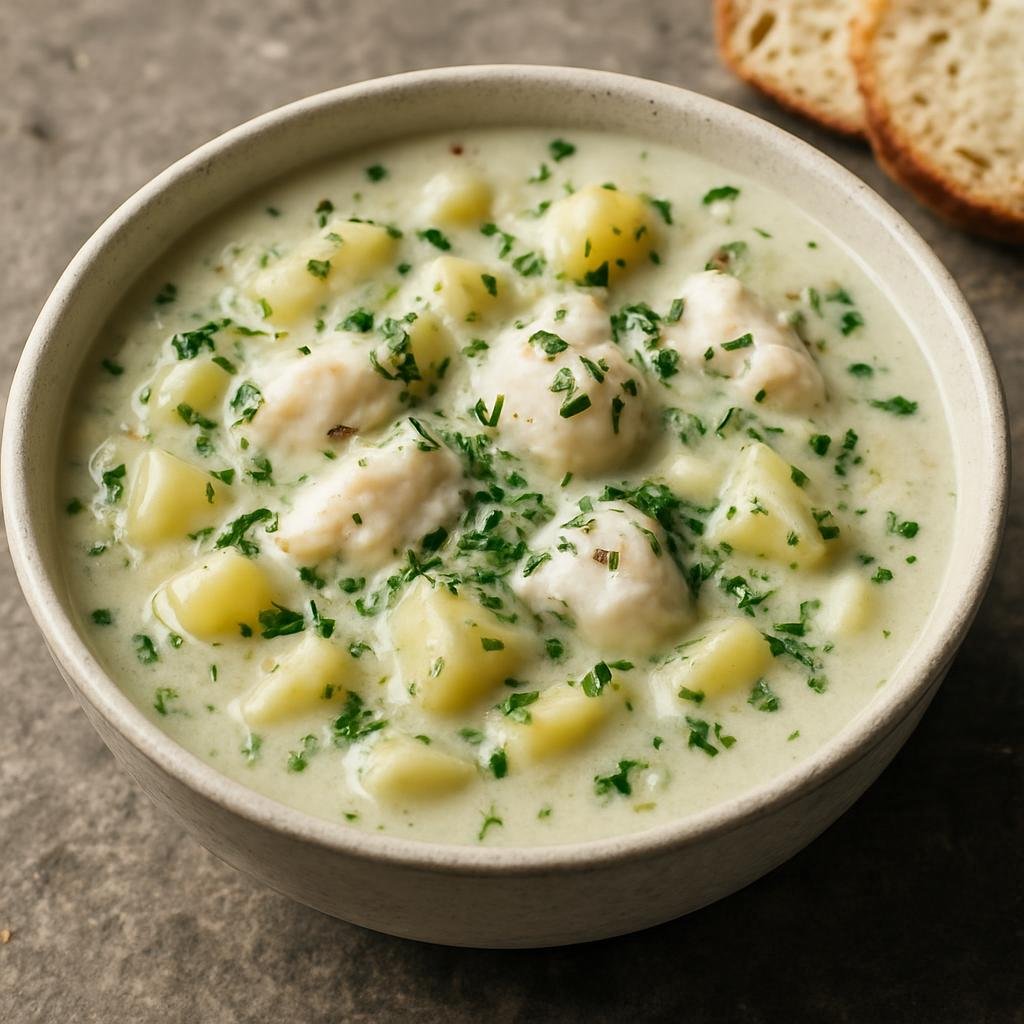 Entree: Antarctica – Central Culinary Region – Iceberg Cod Chowder (Creamy cod and potato chowder flavored with coastal sea herbs) recipe
