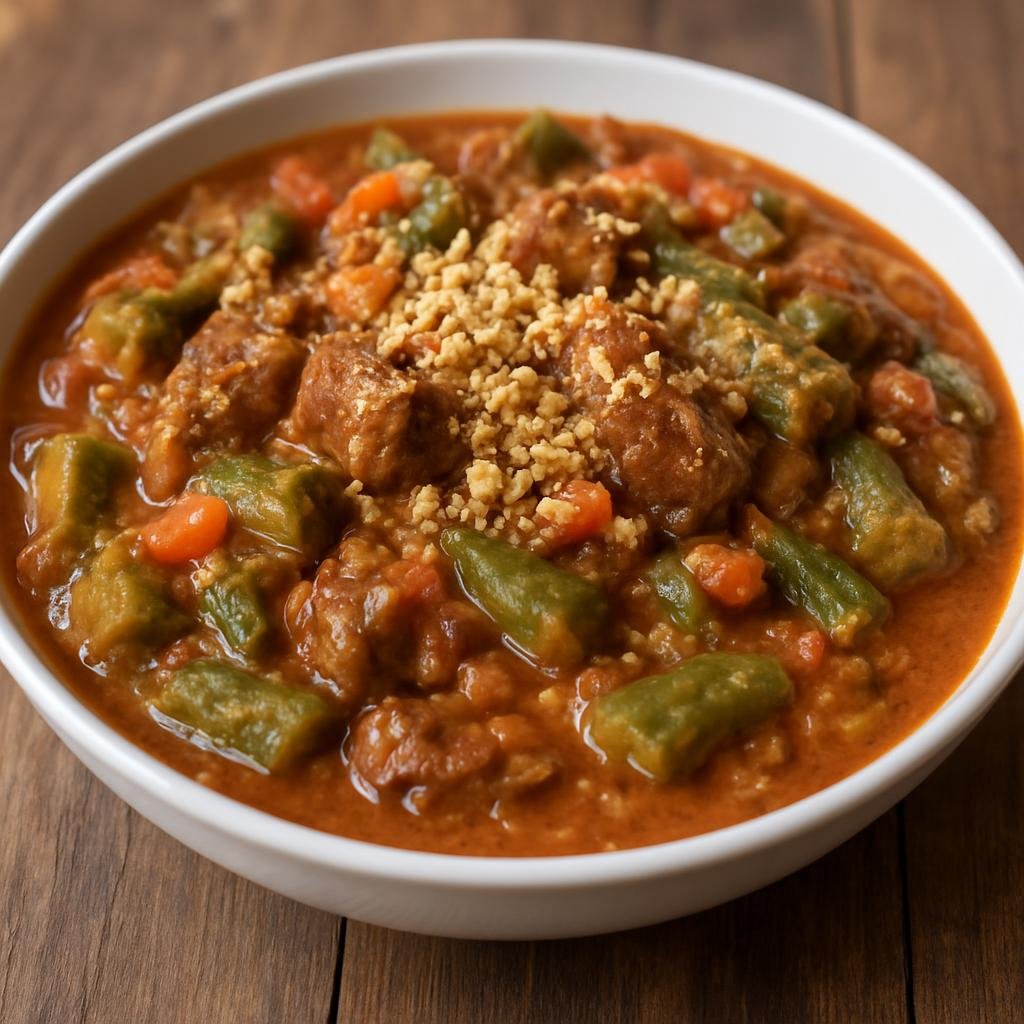 Entree: Burkina Faso – Central Culinary Region – Sauce Gombo (Thick West African okra stew with vegetables and meat, often enriched with ground peanuts) recipe