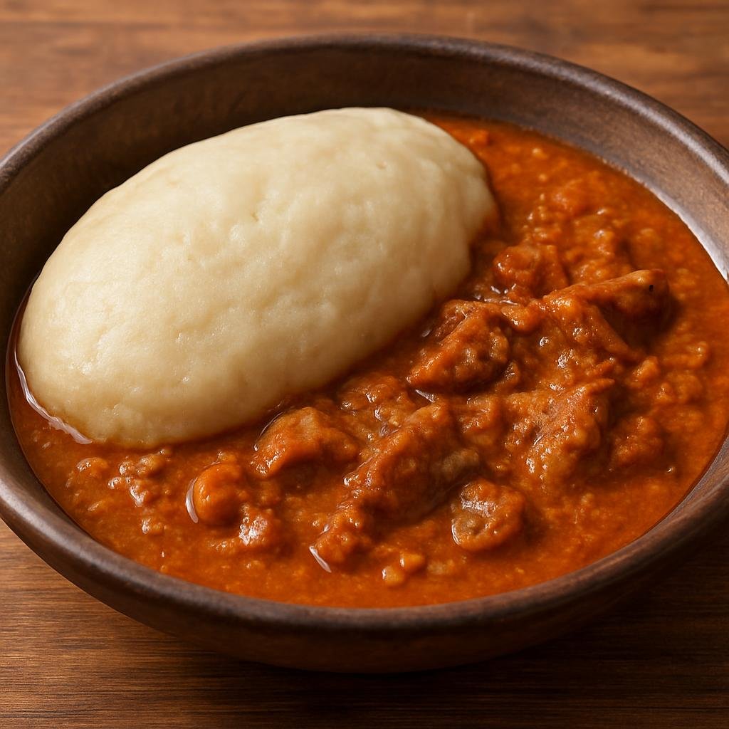 Entree: Central African Republic – Central Culinary Region – Fufu (Starchy pounded cassava and plantain dough served with a savory peanut and tomato stew) recipe