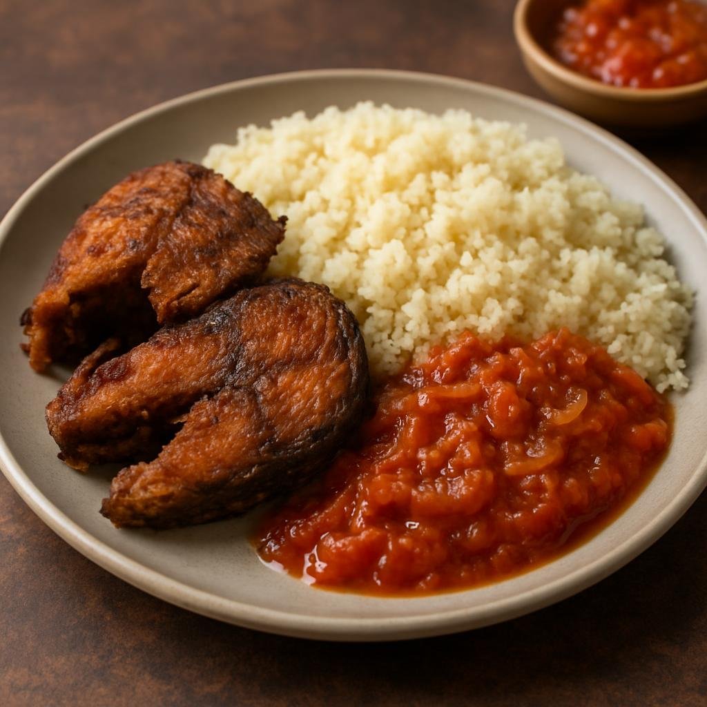 Entree: Cote d'Ivoire – Central Culinary Region – Garba (Ivorian street-style fried tuna served with attiéké, a steamed cassava couscous, and spicy tomato-onion sauce) recipe