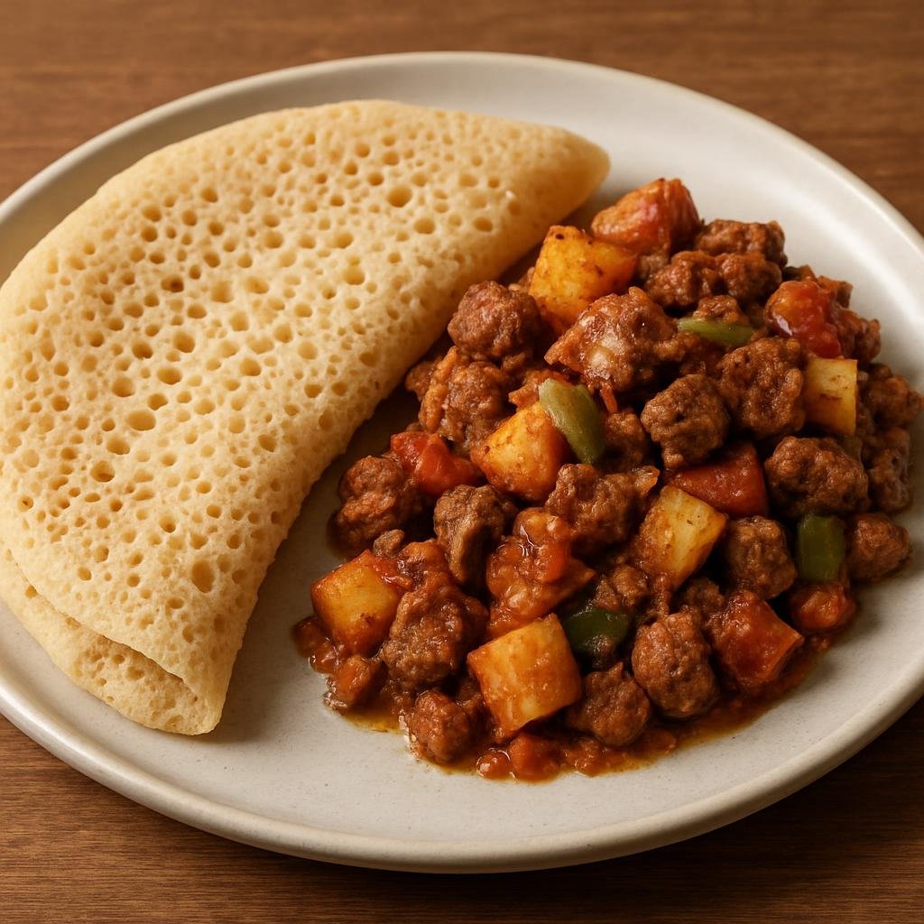 Entree: Djibouti – Central Culinary Region – Laxoox with Suqaar (Fermented spongy flatbread served with spiced cubed meat and vegetable sauté) recipe