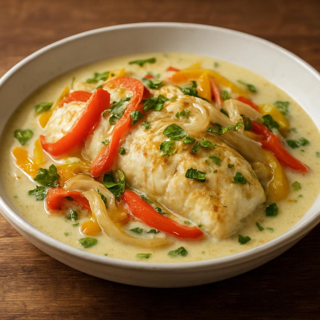 Entree: Dominican Republic – Central Culinary Region – Pescado con Coco (Fish simmered in a savory coconut milk sauce with regional peppers, onions, and cilantro) recipe