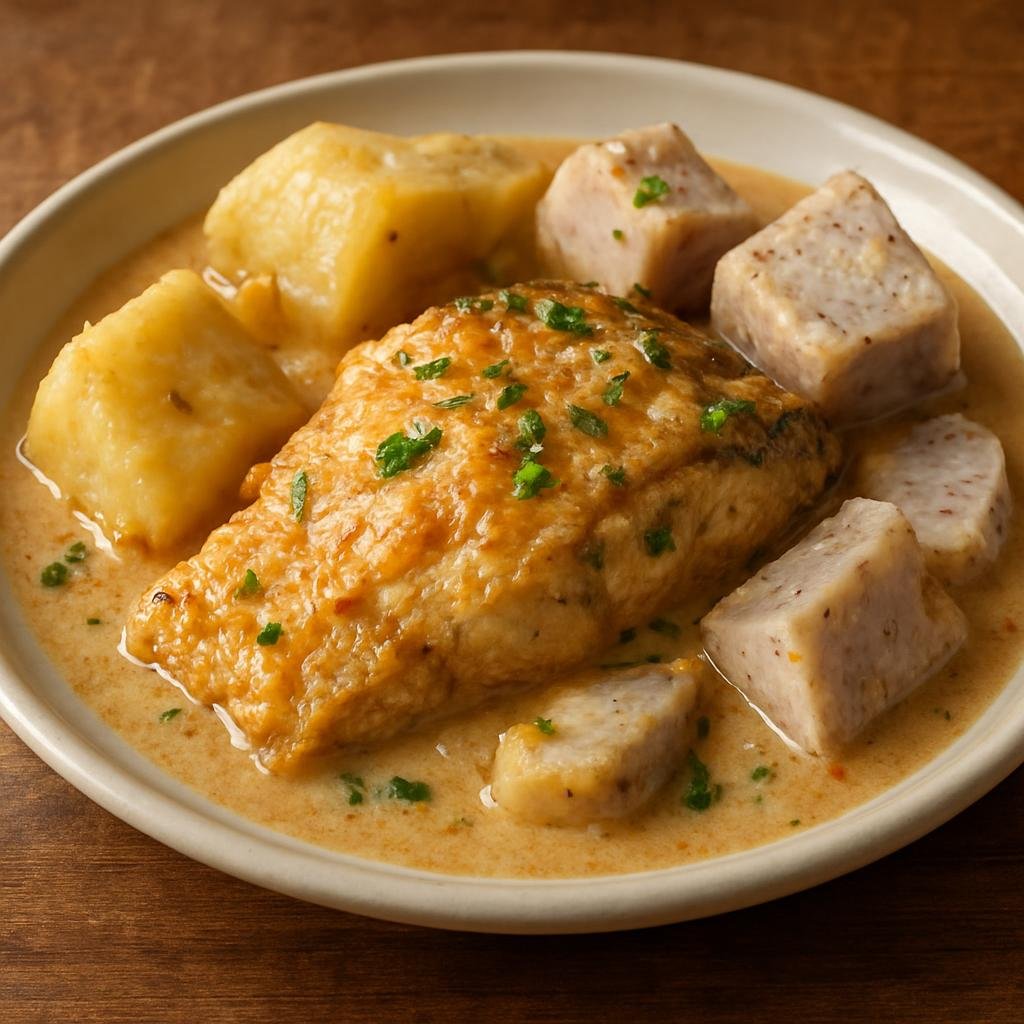 Entree: Kiribati – National Cuisine – Te Roro (Coconut-braised fish with breadfruit and taro) recipe