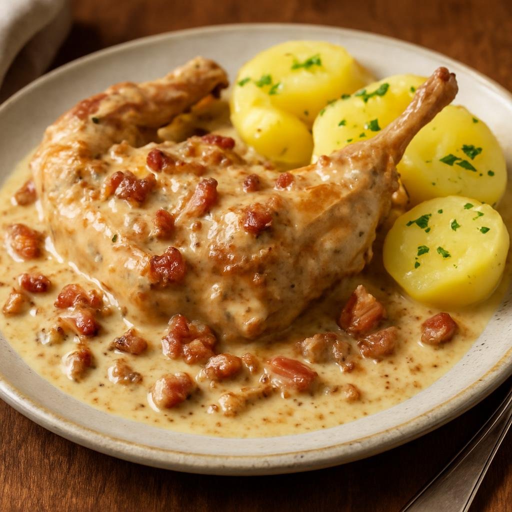 Entree: Luxembourg – National Cuisine – Huesenziwwi (Luxembourgish braised rabbit stew with bacon, white wine, and mustard-cream sauce) recipe