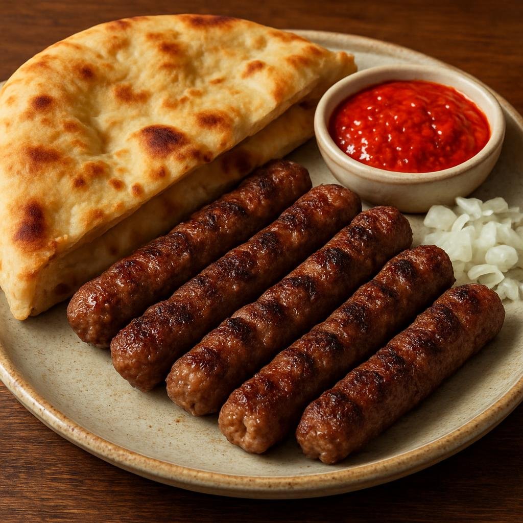 Entree: Montenegro – National Cuisine – Cevapi (Grilled skinless minced meat sausages traditionally served with flatbread and condiments) recipe