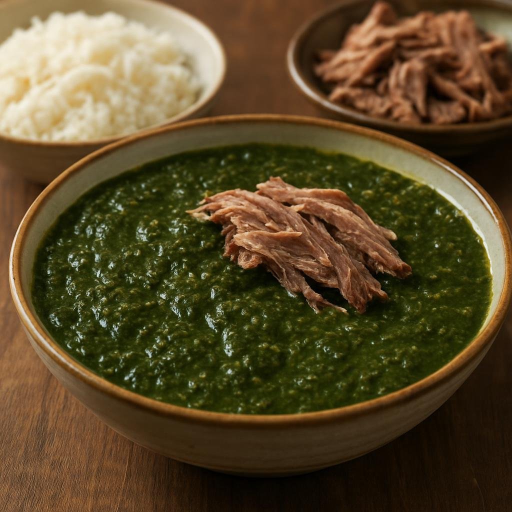 Entree: Egypt – Central Culinary Region – ملوخية ➤ Mulukhiyah (A savory Egyptian stew of finely chopped jute leaves cooked in broth and typically served with rice and shredded meat) recipe
