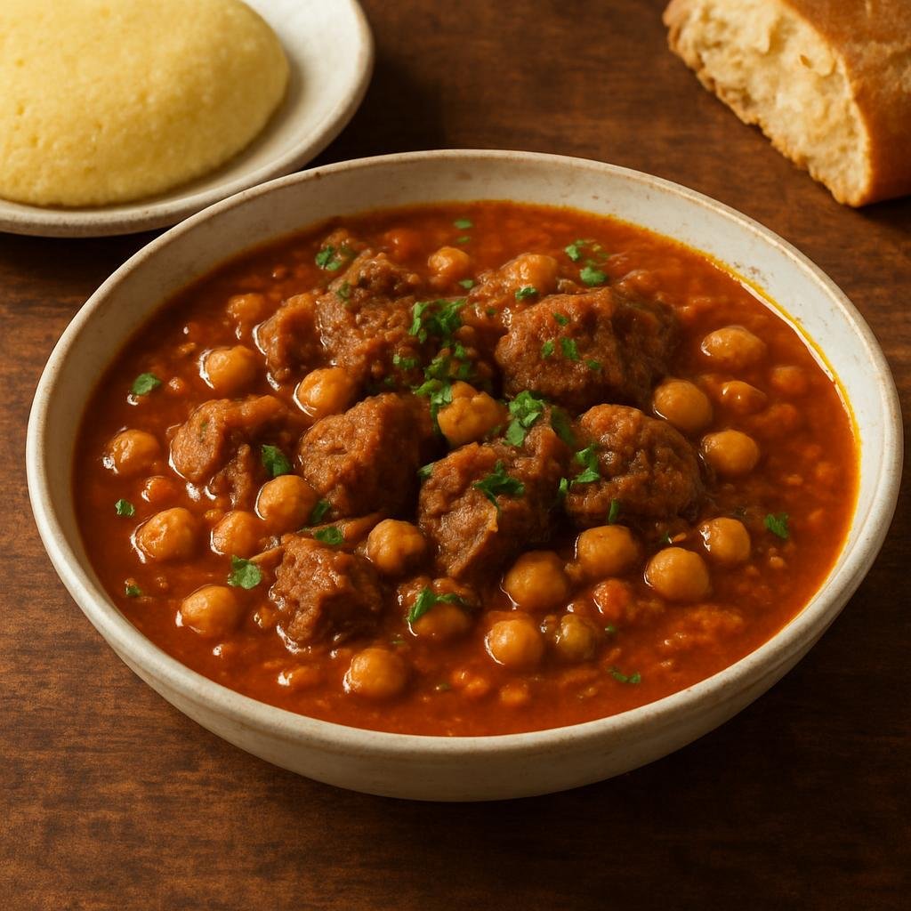 Entree: Algeria – Constantine & East – مطوم ➤ M'touem (East Algerian slow-simmered lamb and chickpea stew flavored with garlic, cumin and tomato, served with semolina or bread) recipe
