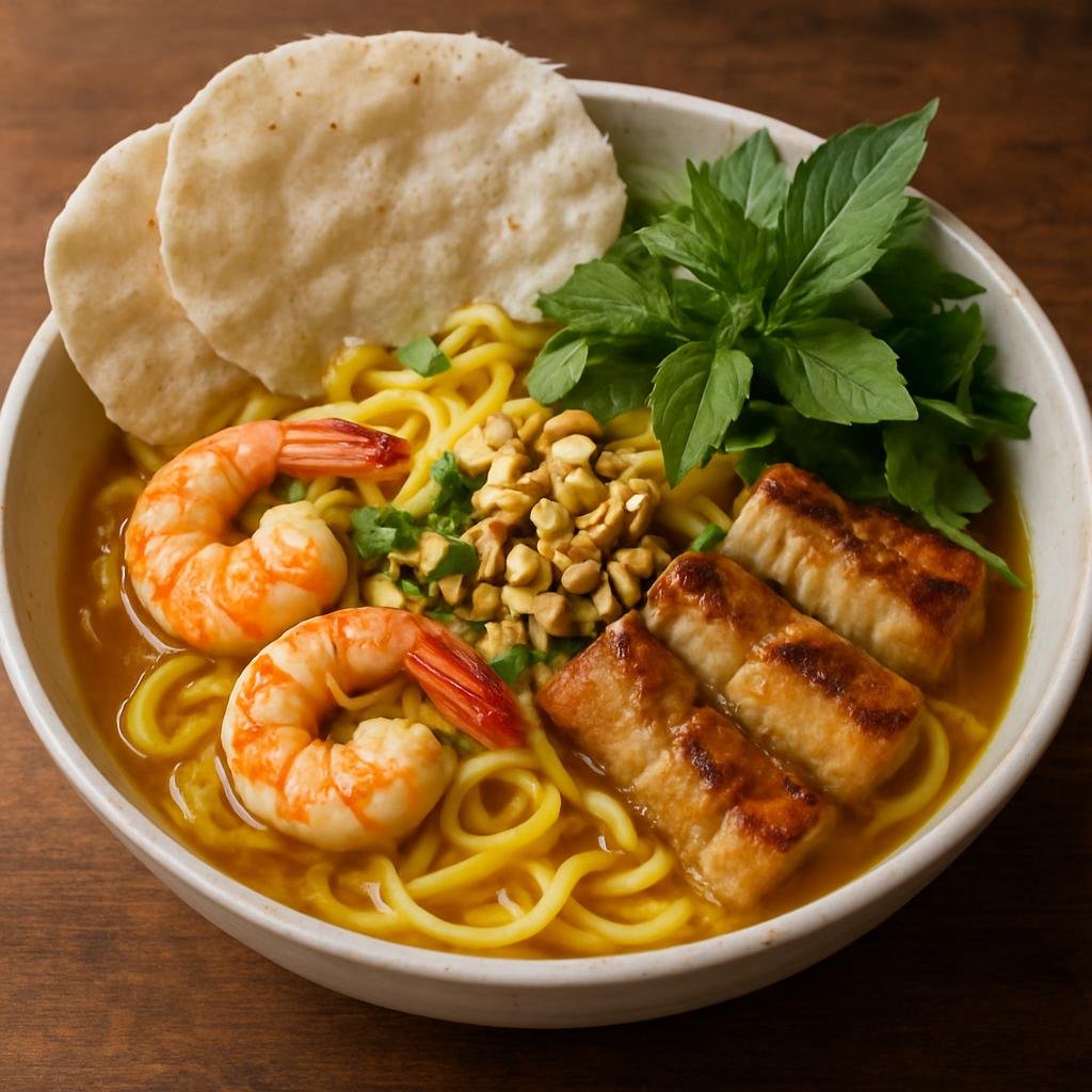 Entree: Vietnam – Hoi An / Da Nang – Mi Quang (Central Vietnamese shallow broth turmeric rice noodle bowl served with pork, shrimp, fresh herbs, peanuts, and crunchy rice crackers) recipe