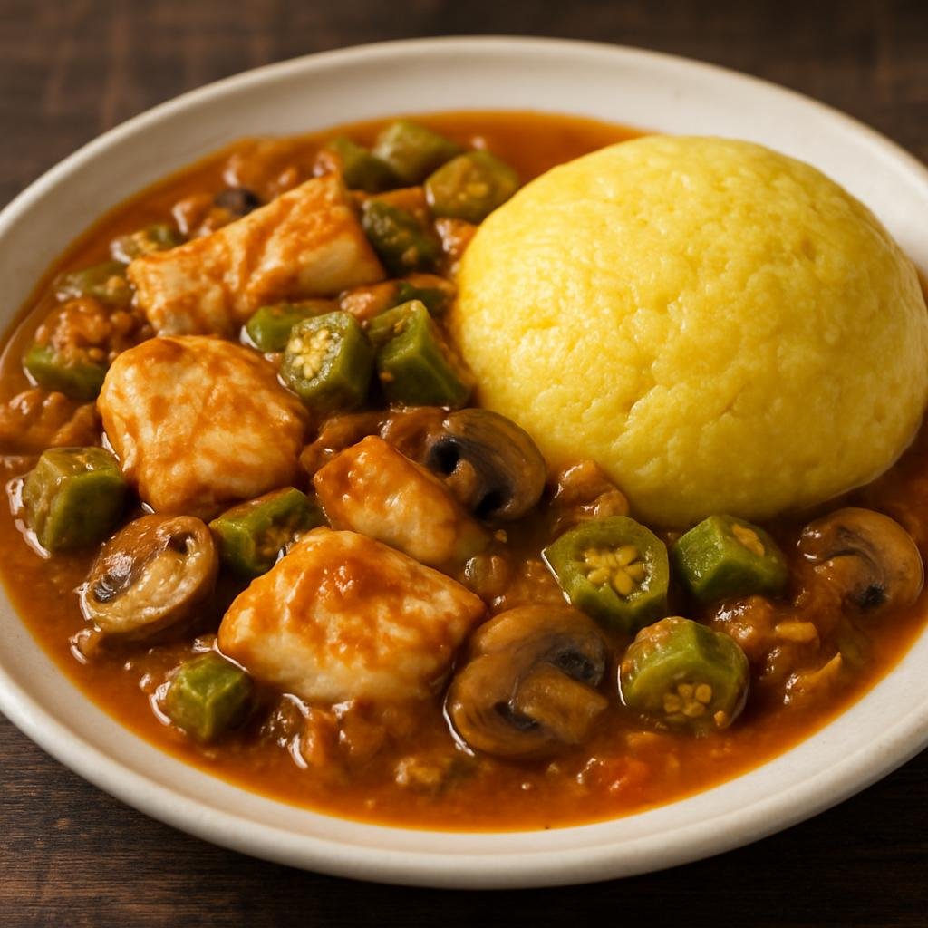 Entree: Anguilla – Fish and Fungi (Salted cod stew served with a firm cornmeal-and-okra dumpling) recipe