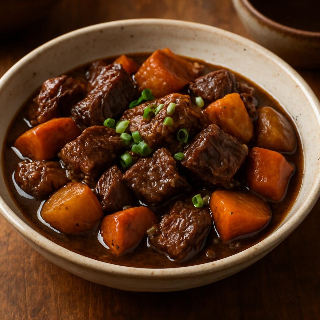 Entree: Guam – Estufao (Chamorro slow-braised beef stew in a savory soy-and-vinegar sauce) recipe