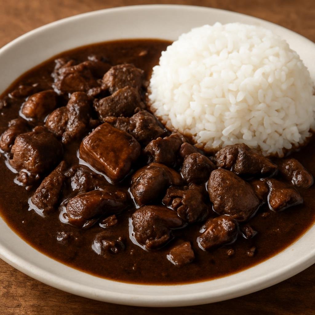 Entree: Philippines – Ilocano – Dinardaraan (Ilocano pork blood stew made with pork meat and offal simmered in savory aromatics and fresh pig’s blood, served with rice) recipe
