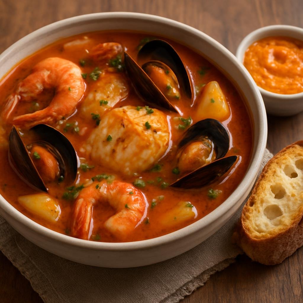 Entree: Monaco – Bouillabaisse (Provencal Mediterranean fish and shellfish stew in a saffron-tomato broth traditionally served with rouille and crusty bread) recipe