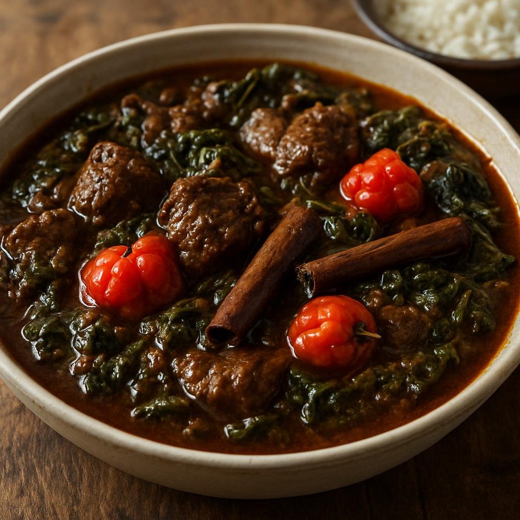 Entree: Montserrat – Pepperpot (Hearty slow-simmered Caribbean meat stew flavored with cassareep, cinnamon, hot peppers, and leafy greens) recipe