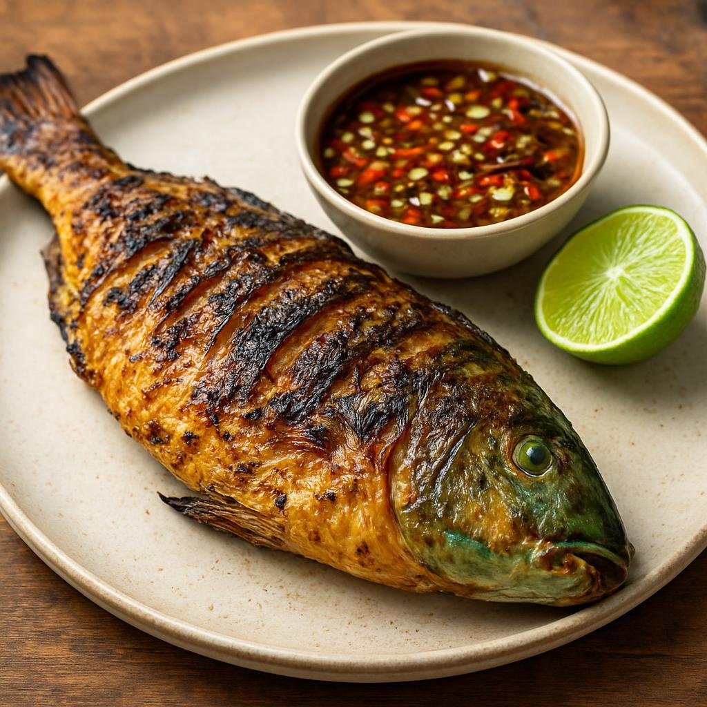 Entree: Northern Mariana Islands – Grilled Parrotfish (Whole tropical fish grilled over charcoal and served with tangy Chamorro finadene sauce) recipe