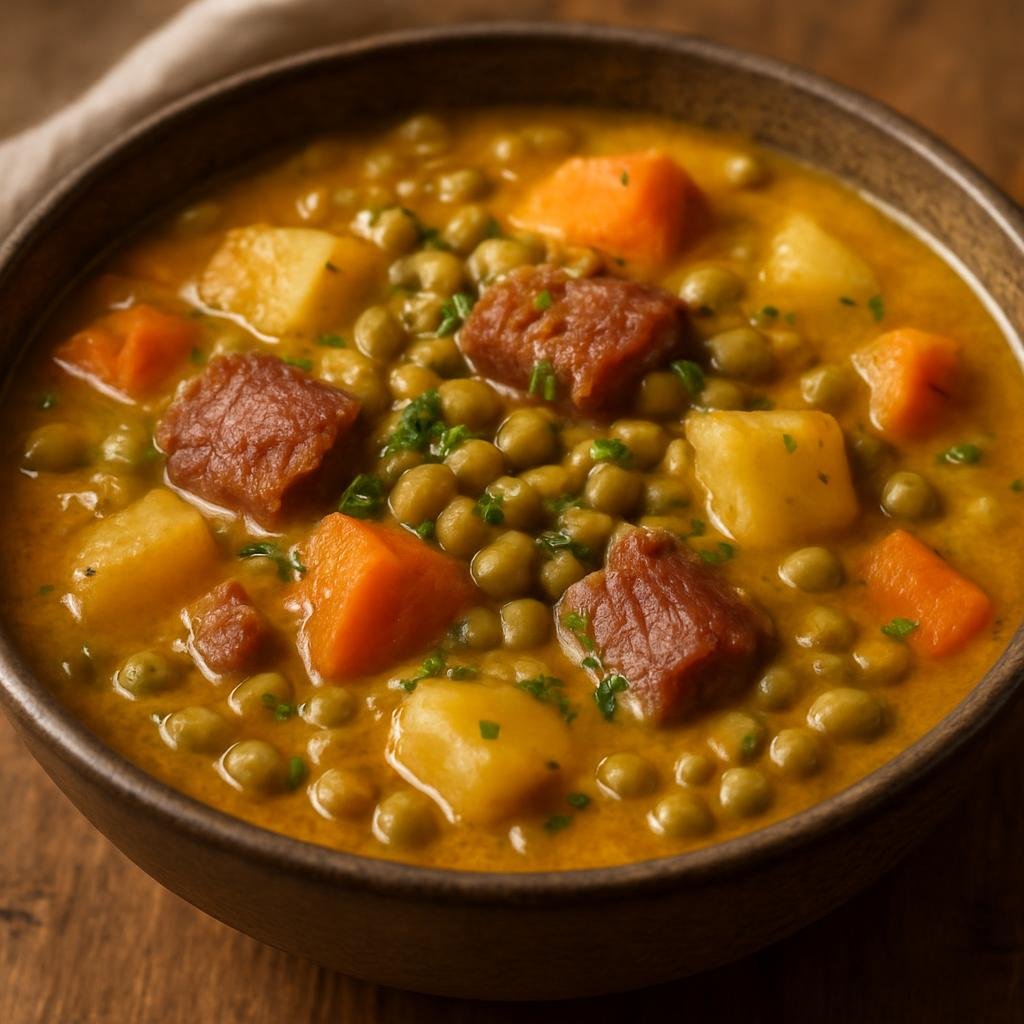 Entree: Saint Vincent and the Grenadines – Stewed Pigeon Peas (Hearty Caribbean stew of pigeon peas simmered with salted meat, coconut milk, and root vegetables) recipe