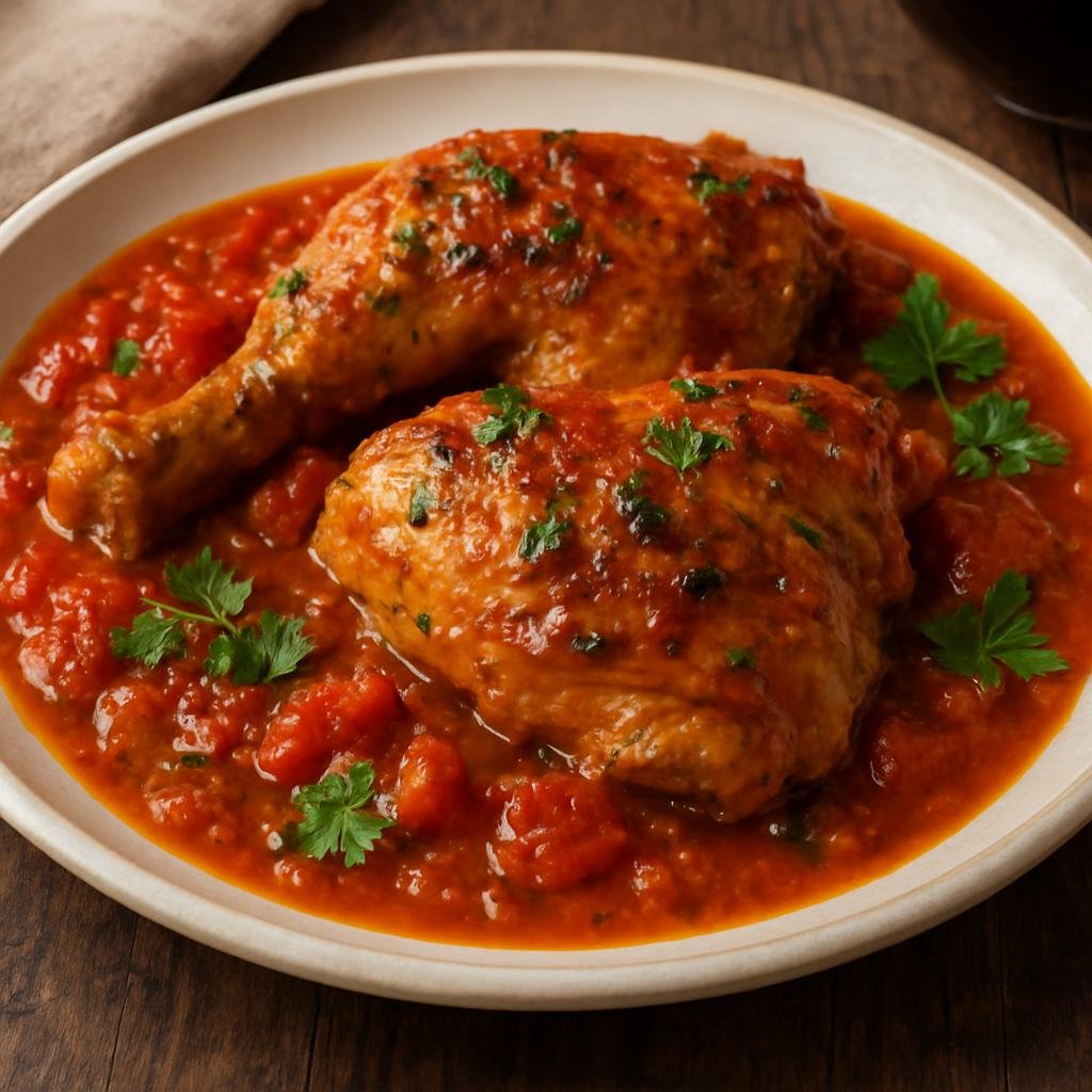 Entree: San Marino – Pollo alla Sammarinese (Braised and roasted chicken in a fragrant tomato, herb, and wine sauce typical of San Marino) recipe