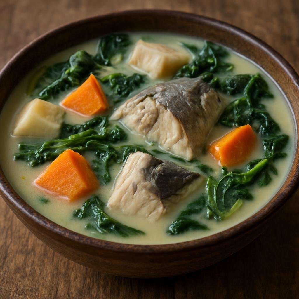 Entree: Vanuatu – Tanna Soup (A traditional Vanuatu island soup of coconut broth with root crops, greens, and fish) recipe