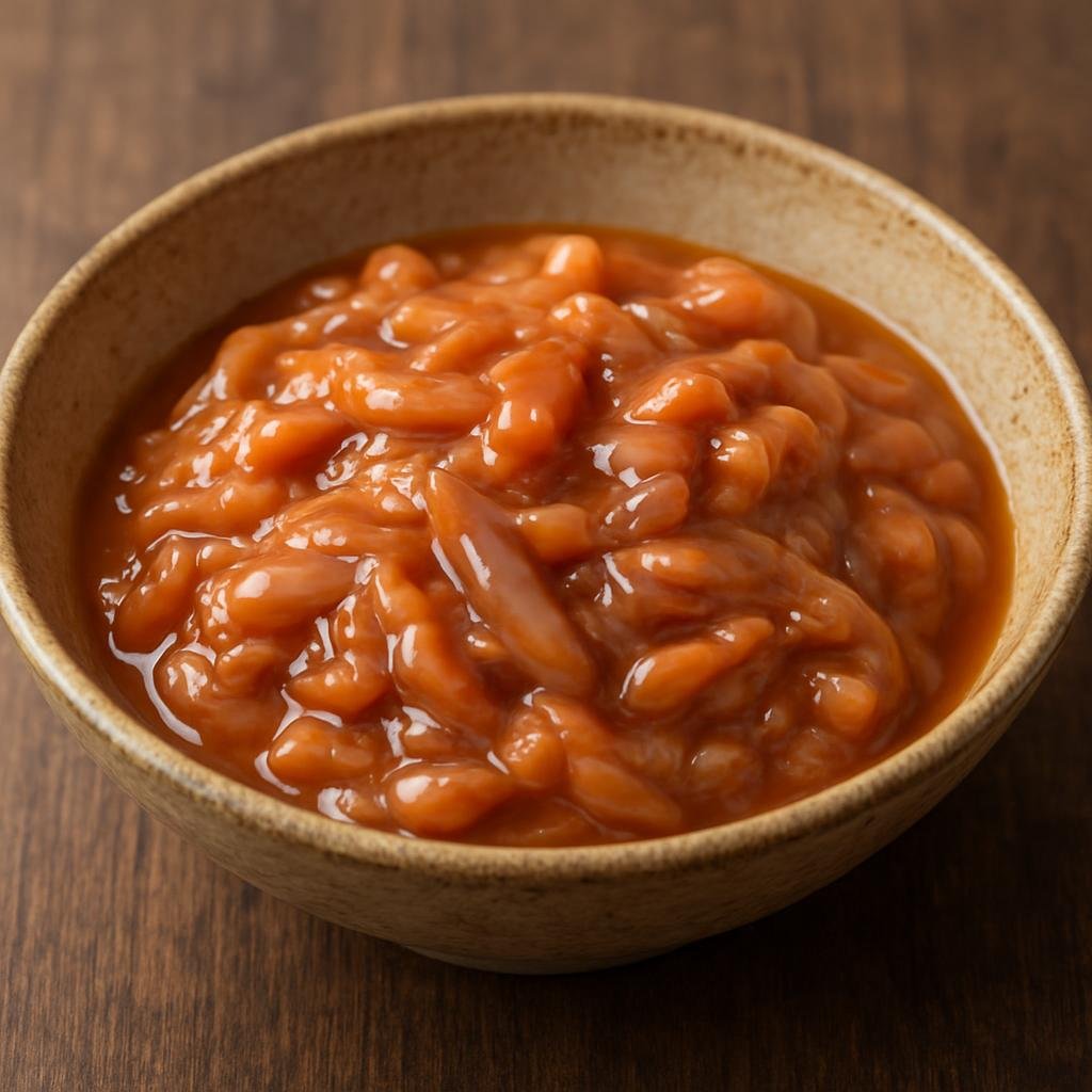 Entree: Japan – Chubu – イカの塩辛 ➤ Ika no shiokara (Salted, fermented squid made from chopped squid and its viscera, intensely salty and savory) recipe