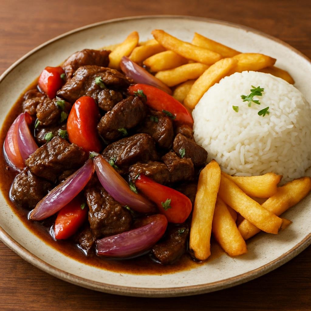 Entree: Peru – Afro-Peruvian – Lomo Saltado (Peruvian stir-fry of marinated beef with onions, tomatoes, and fried potatoes served with rice) recipe