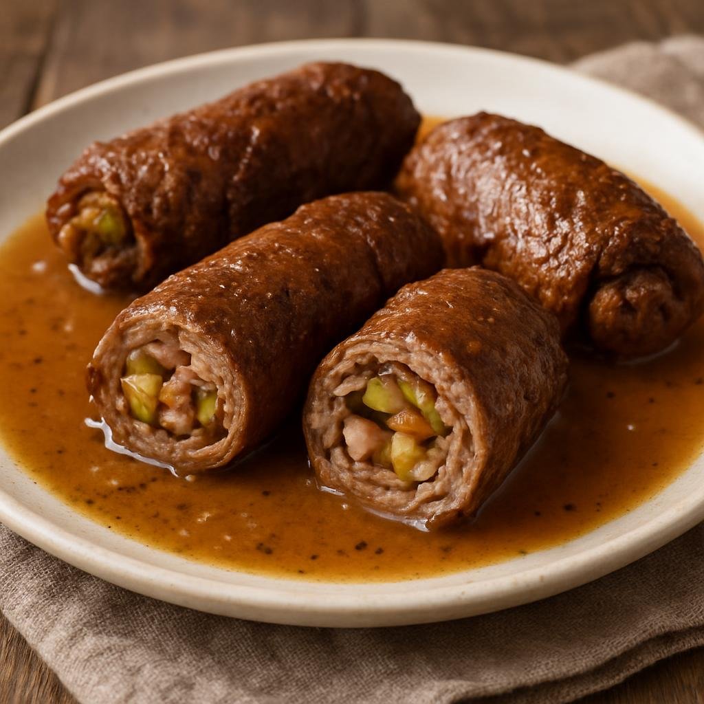 Entree: Poland – Greater Poland – Zrazy Wielkopolskie (Thin rolled beef roulades from Greater Poland filled with bacon, pickles, and onions, braised in a savory gravy) recipe