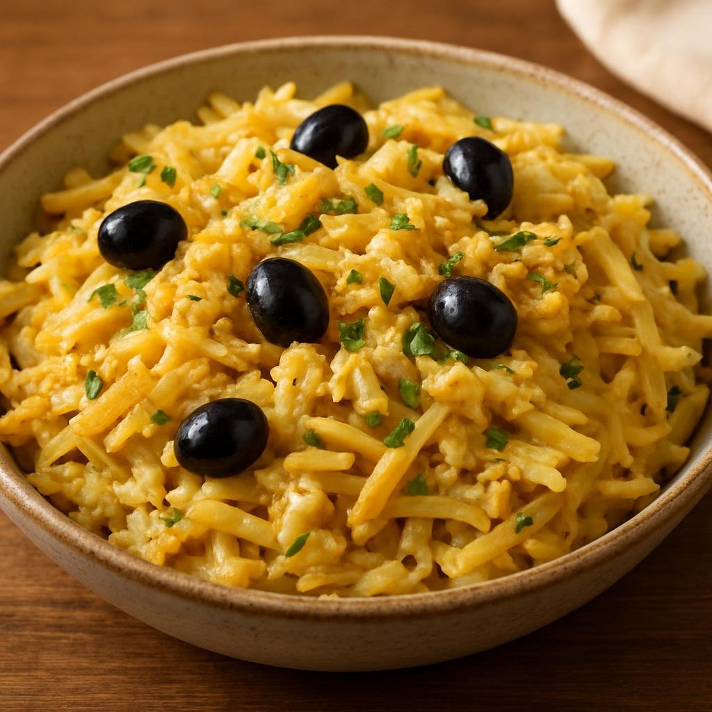 Entree: Portugal – Alentejo – Bacalhau à Brás (Shredded salted cod mixed with sautéed onions and matchstick potatoes then bound with scrambled eggs and garnished with olives and parsley) recipe
