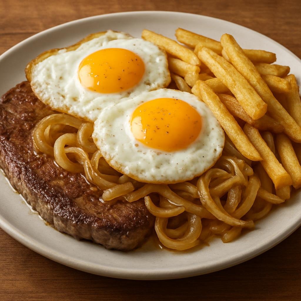 Entree: Chile – Central Chile – Lomo a lo Pobre (Pan-seared beef steak served with fried eggs, sautéed onions, and French fries) recipe