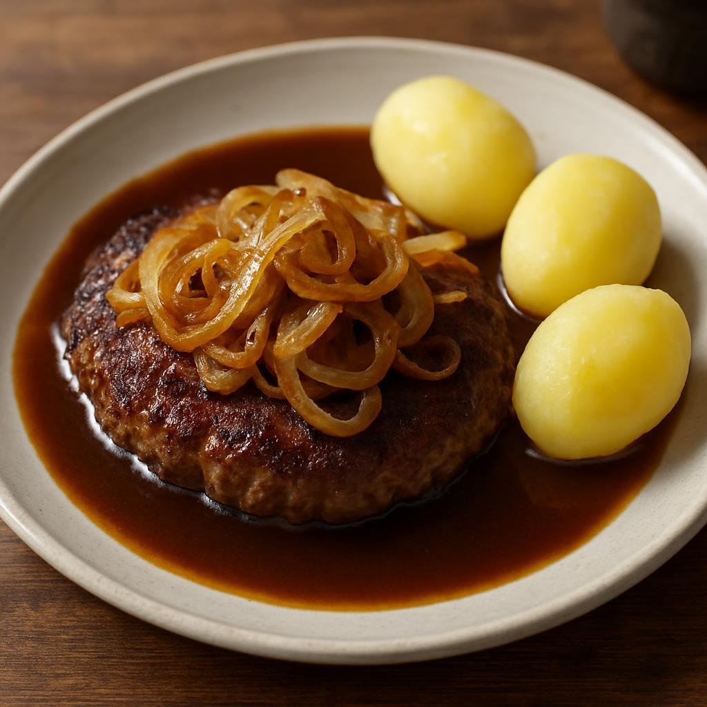 Entree: Denmark – Bornholm – Hakkebøf (Pan-fried seasoned beef patties traditionally served with caramelized onions and brown gravy) recipe