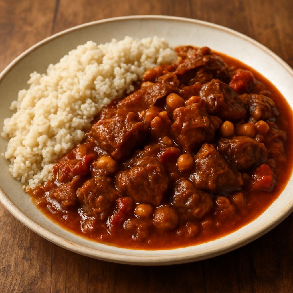 Entree: Botswana – Central Culinary Region – Tswii (Hearty slow-cooked beef stew enriched with peanut and tomato flavours, traditionally served with sorghum porridge) recipe