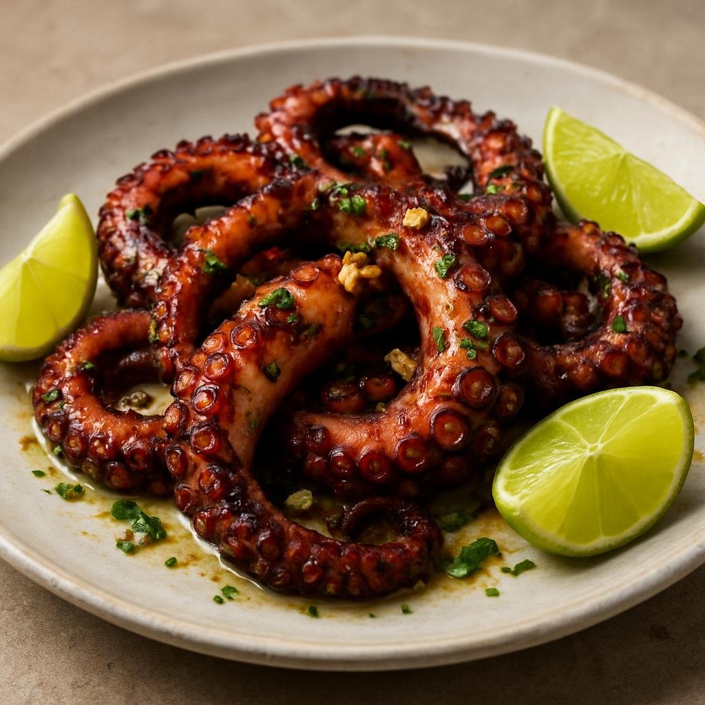 Entree: British Indian Ocean Territory – Central Culinary Region – Grilled Octopus with Lime (Charred and tender octopus marinated and finished with bright lime and garlic) recipe