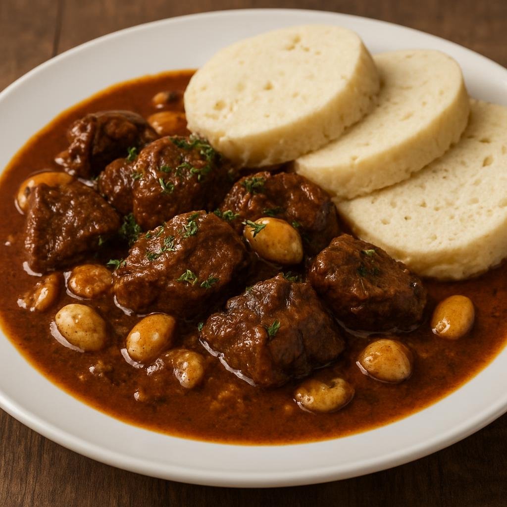 Entree: Czechia – Bohemia – Hovězí na česneku (Beef braised with abundant garlic in a savory Czech gravy) recipe