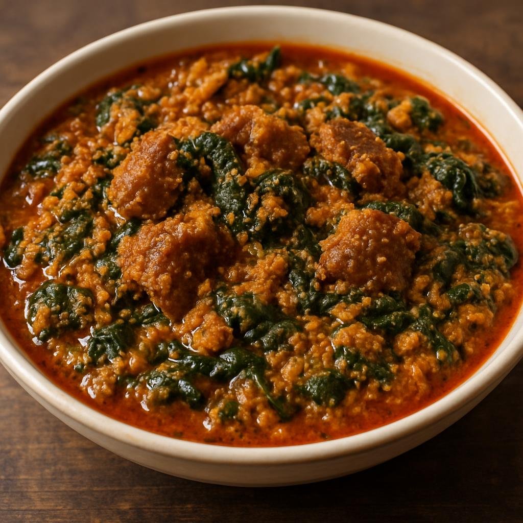 Entree: Equatorial Guinea – Central Culinary Region – Egusi Soup (A thick West African stew of meat and leafy greens thickened with ground melon seeds) recipe