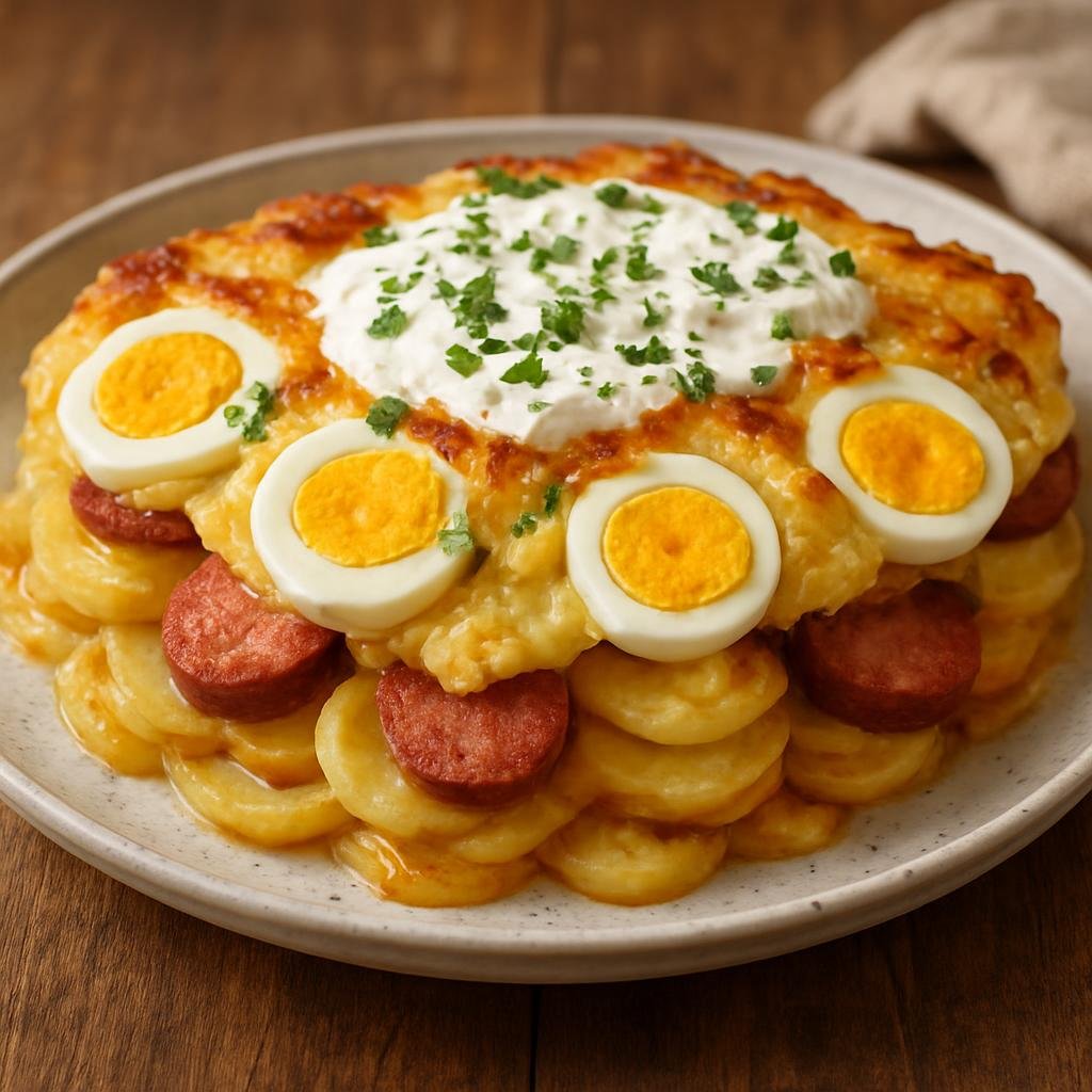 Entree: Hungary – Budapest & Central Hungary – Rakott Krumpli (Layered Hungarian potato casserole with eggs, smoked sausage, and sour cream) recipe