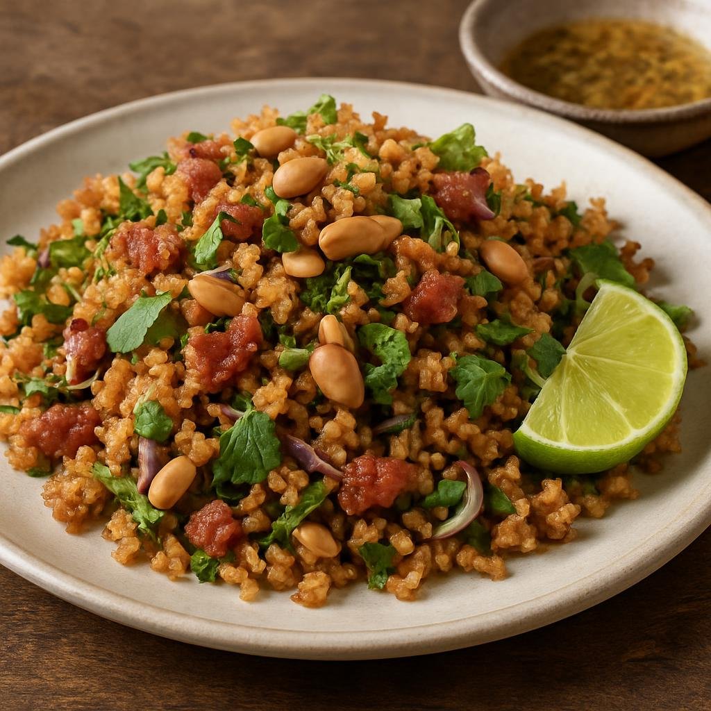 Entree: Laos – Lao Isan Border Cuisine – ນ້ຳເຂົ້າທອດ ➤ Nam khao tod (Crispy fried rice salad with fermented pork, herbs, peanuts and lime dressing) recipe