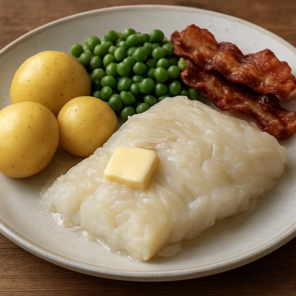 Entree: Norway – Northern Norway – Lutefisk (Rehydrated whitefish treated with lye and rinsed, traditionally boiled or baked and served with potatoes, peas, butter, and bacon) recipe