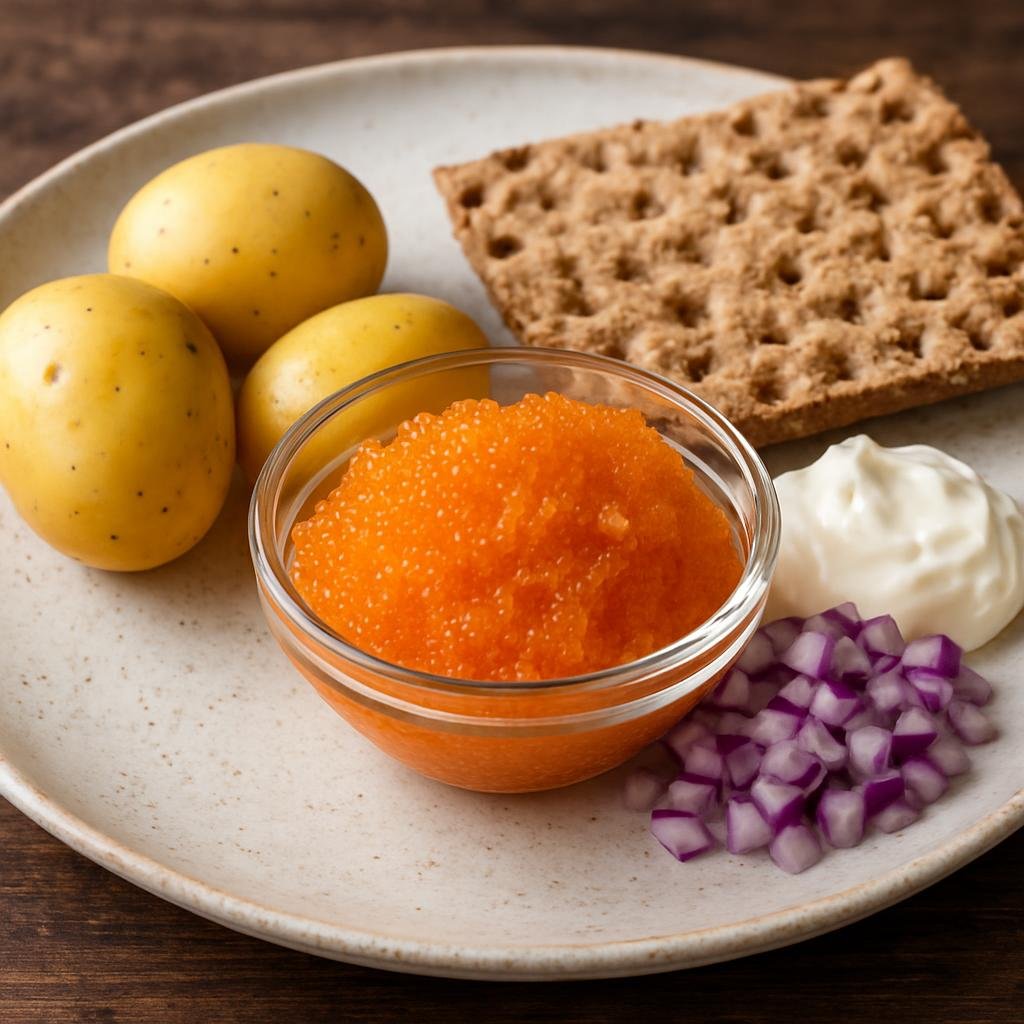 Entree: Sweden – Norrland / North Sweden – Kalix Löjrom (Premium vendace roe from the Kalix River, served cold with potatoes, crème fraîche, red onion, and crispbread) recipe