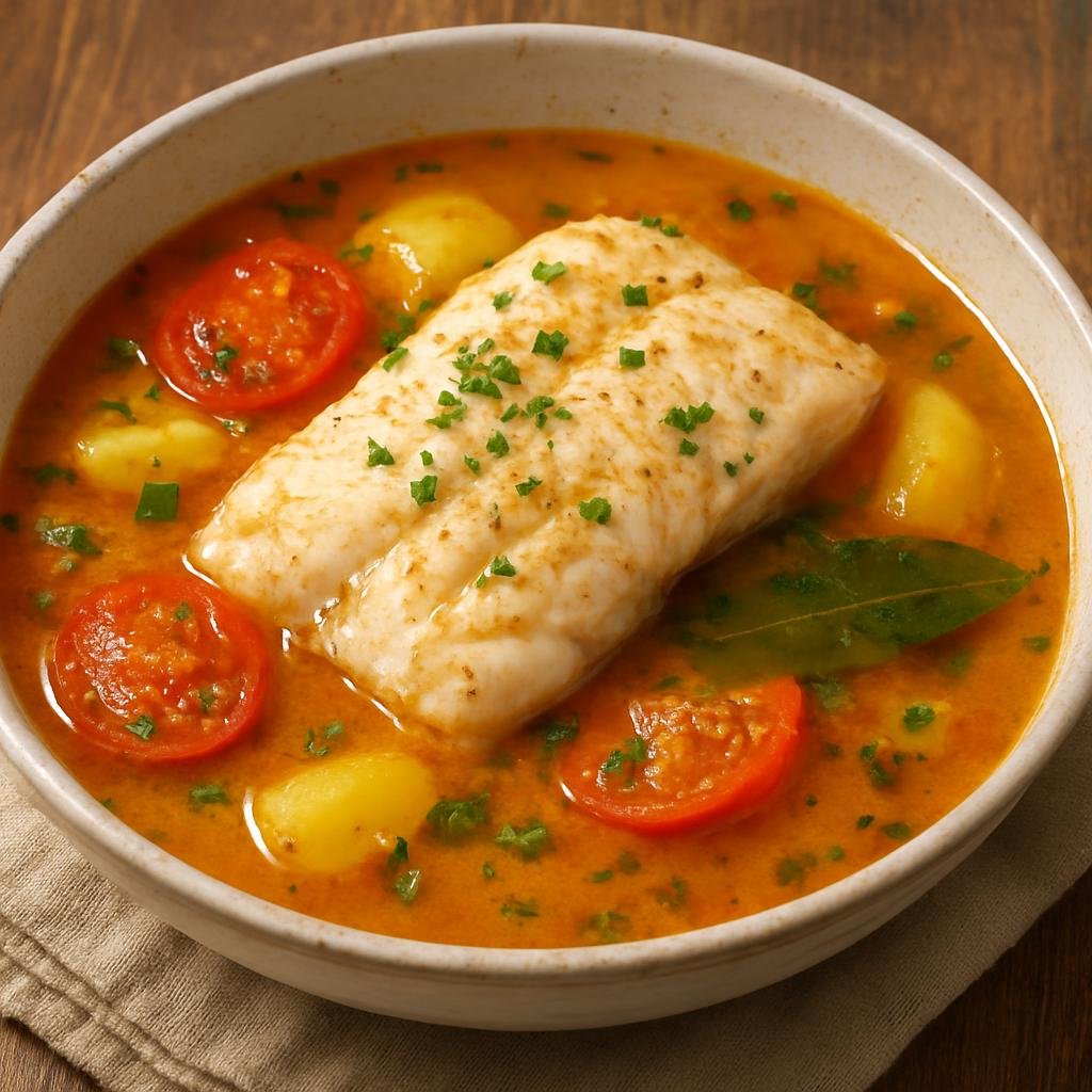 Entree: Guadeloupe – National Cuisine – Court-Bouillon de Poisson (Creole-style aromatic poaching broth for fish, here served as poached fish in a spiced aromatic broth) recipe